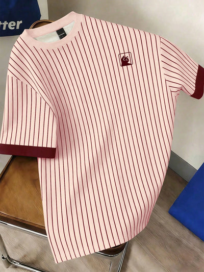 Manfinity Joysei Men's Striped Cuff Splice Contrast Color Round Neck Short Sleeve T-Shirt